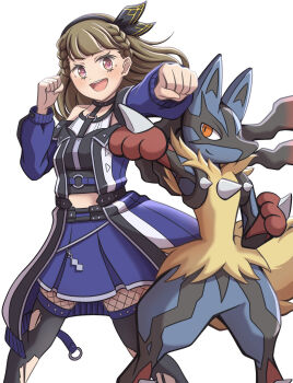 1girl 1other ampere_(love_live!) arm_up black_pantyhose black_shirt black_thighhighs blue_coat braid brown_hair center-flap_bangs coat commentary_request crossover feet_out_of_frame fishnet_pantyhose fishnets ganbarai gen_4_pokemon highres kachimachi_kosuzu link!_like!_love_live! long_hair looking_at_viewer love_live! lucario mega_lucario mega_pokemon midriff nintendo off-shoulder_coat off_shoulder orange_eyes outstretched_arm pantyhose pink_eyes pokemon pokemon_(creature) shirt side_braids simple_background sleeveless sleeveless_shirt thighhighs torn_clothes torn_thighhighs v-shaped_eyebrows white_background