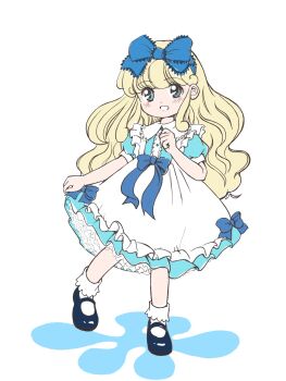 1girl apron artist_collaboration black_shoes blonde_hair blue_bow blue_dress blue_eyes bobby_socks bow commentary_request dress dress_bow flat_color frilled_apron frilled_dress frills full_body hair_bow hand_up highres layered_dress long_hair mary_janes minakami_marin open_mouth original puffy_short_sleeves puffy_sleeves shoes short_sleeves skirt_hold smile socks solo standing standing_on_one_leg waist_apron wanda_(wondaba) wavy_hair white_apron white_background white_socks