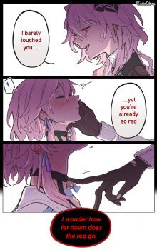 2girls 4koma black_gloves cesar_zebrah closed_eyes comic evernight_(honkai:_star_rail) gloves highres honkai:_star_rail honkai_(series) march_7th_(honkai:_star_rail) multiple_girls red_eyes speech_bubble yuri