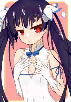 Rule 34 | 1girl, :t, \||/, bare shoulders, black hair, blue bow, blue bowtie, blue ribbon, blunt bangs, blunt ends, blush, border, bow, bowtie, breast conscious, breasts, cleavage cutout, closed mouth, clothing cutout, commentary request, cosplay, dress, dungeon ni deai wo motomeru no wa machigatteiru darou ka, frown, gloves, hair ribbon, hands on own chest, hestia (danmachi), hestia (danmachi) (cosplay), long hair, looking at viewer, masamune shizuru, noble works, outside border, pink background, pout, puff of air, red eyes, ribbon, sakaki asuka, sidelocks, simple background, sleeveless, sleeveless dress, small breasts, solo, v-shaped eyebrows, very long hair, white border, white dress, white gloves, white ribbon
