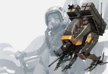 1girl absurdres cannon commentary english_commentary green_theme helmet highres mecha mecha_focus mecha_pilot_suit military missile_pod original oxygen_mask painterly pilot pilot_helmet polilla projected_inset robot science_fiction solo walker_(robot) white_background