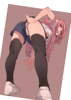 1girl ass bags_under_eyes fu-ta highres kneepits leaning_forward long_hair looking_back michinoku_komaro michinoku_komaro panties pink_hair seitokai_ni_mo_ana_wa_aru! short_shorts shorts simple_background solo sweat thighhighs underwear upshorts white_panties