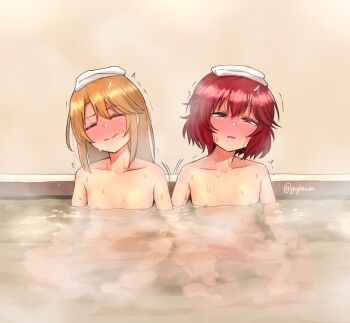 2girls blonde_hair blush clenched_teeth closed_eyes collarbone commentary_request completely_nude flat_chest full-face_blush gojarun highres idolmaster idolmaster_cinderella_girls implied_fingering loli long_hair multiple_girls murakami_tomoe mutual_masturbation nipples nude partially_submerged red_hair short_hair sitting teeth towel towel_on_head twitter_username water wet yuri yuuki_haru
