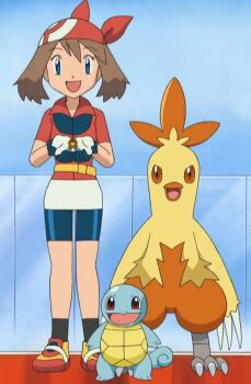 00s 1girl anime_screenshot blue_eyes brown_hair claws combusken full_body gen_1_pokemon gen_3_pokemon gloves looking_at_viewer may_(pokemon) medium_hair nintendo open_mouth orange_eyes pokemon pokemon_(anime) pokemon_(creature) pokemon_rse_(anime) squirtle third-party_edit wide_hips