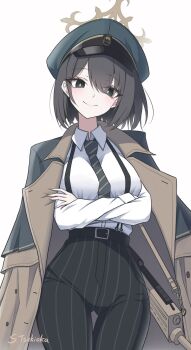 black_eyes black_hair black_pants blue_archive breasts brown_coat brown_halo chaconne_(kxxx_s8) coat green_hat green_necktie halo hat highres hiromi_(blue_archive) looking_at_viewer medium_breasts medium_hair necktie pants shirt simple_background thigh_gap white_background white_shirt