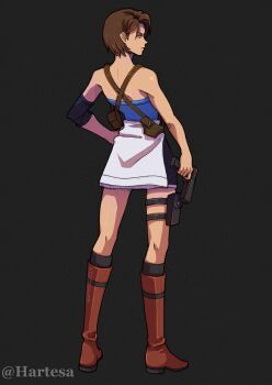 Rule 34 | 1girl, artist name, black background, black skirt, blue eyes, blue tube top, boots, brown boots, brown hair, clothes around waist, hartesa, highres, jill valentine, resident evil, resident evil 3: nemesis, simple background, skirt, strapless, sweater, sweater around waist, tube top