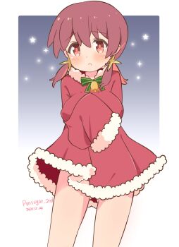 1girl alternate_costume arm_behind_back artist_name bare_legs bell blush breasts brown_eyes commentary cowboy_shot dated dress fur-trimmed_dress fur_trim gradient_background grey_background hair_between_eyes highres large_breasts long_hair long_sleeves looking_at_viewer low_twintails multicolored_hair murosaki_miyo neck_bell onii-chan_wa_oshimai! parted_lips pon_sugar red_dress red_eyes red_hair santa_costume santa_dress simple_background sleeves_past_fingers sleeves_past_wrists solo star_(symbol) twintails two-tone_hair