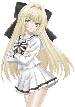 Rule 34 | 1girl, black bow, blonde hair, blush, bow, cowboy shot, crossed arms, green eyes, hair bow, hair intakes, highres, long hair, long sleeves, looking at viewer, miniskirt, open mouth, original, pleated skirt, ribbon, sailor collar, school uniform, serafuku, shirt, skirt, smile, user kkgv2437, white background, white serafuku, white shirt, white skirt