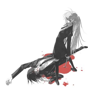 Rule 34 | 1boy, absurdres, artist request, black hair, blood, highres, jacket, long hair, long sleeves, male focus, monochrome, multiple girls, simple background, solo, sword, thighhighs, very long hair, weapon