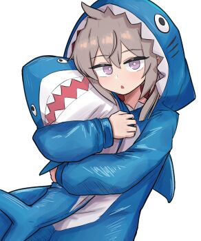 1girl :o animal_costume animal_hood blush brown_hair cheyanne_(girls'_frontline_2) chopingme curious girls'_frontline girls'_frontline_2:_exilium hair_between_eyes holding holding_stuffed_toy hood hood_up m200_(girls'_frontline) medium_hair purple_eyes shark_costume shark_hood solo stuffed_animal stuffed_shark stuffed_toy