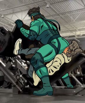 2boys absurdres ass bara black_gloves black_hair blue_headband blush exercising exercise_machine face_in_ass glasses gloves grey_hair grey_pants gym hal_emmerich headband highres lab_coat large_pectorals leg_press_machine male_focus meme metal_gear_(series) metal_gear_solid miles_mandel multiple_boys muscular muscular_male pants pectorals round_eyewear short_hair sitting sitting_on_face sitting_on_person solid_snake squatting the_world_needs_more_heroes_(meme) yaoi
