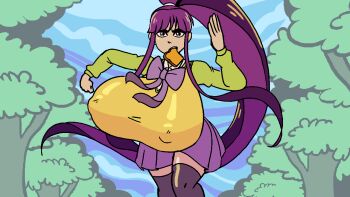 1girl animated black_thighhighs blunt_bangs bouncing_breasts bread bread_slice breasts commentary covered_erect_nipples eiken english_commentary food food_in_mouth fruitofcrystal gigantic_breasts green_shirt high_ponytail long_hair long_sidelocks looping_animation miniskirt misono_kirika mouth_hold ponytail purple_eyes purple_hair purple_skirt running school_uniform shirt sidelocks skirt solo sweater_vest thighhighs toast toast_in_mouth tree very_long_hair very_long_sidelocks video yellow_sweater_vest zashono_academy_school_uniform zettai_ryouiki
