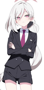 1girl asymmetrical_bangs black_ribbon black_shorts black_suit blue_archive collared_shirt formal_clothes foulo_paints grey_hair hair_between_eyes hair_ribbon halo long_hair long_sleeves looking_at_viewer mutsuki_(blue_archive) mutsuki_(suit)_(blue_archive) necktie official_alternate_costume pointy_ears ponytail red_halo red_necktie ribbon shirt shorts simple_background skirt solo suit very_long_hair white_background white_shirt