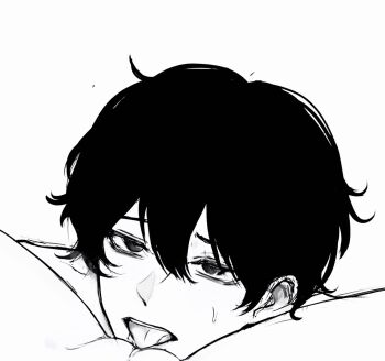 Rule 34 | 1boy, 1girl, andrew graves, ashley graves, commentary, cunnilingus, english commentary, greyscale, hair between eyes, highres, messy hair, monochrome, oral, pussy, short hair, simple background, solo focus, teeth, the coffin of andy and leyley, upper teeth only, white background, yareyare zo