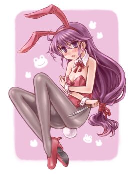 1girl animal_ears dagger detached_collar fake_animal_ears kentou_kanami knife long_hair pantyhose playboy_bunny porocha purple_eyes purple_hair rabbit_ears rance_(series) ribbon sengoku_rance weapon wrist_cuffs