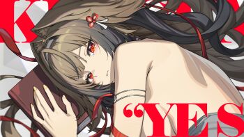 1girl absurdres animal_ears bare_shoulders black_hair book breasts brown_hair character_name commentary_request english_text fox_ears fox_girl gradient_hair headband highres large_breasts long_hair looking_at_viewer madyy mindscape_cinema_(zenless_zone_zero) multicolored_hair nail_polish parted_lips red_eyes sideboob tearing_up ye_shunguang zenless_zone_zero