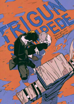 Rule 34 | 2boys, aged down, artist name, black hair, black jacket, black pants, black shoes, cigarette, collared shirt, copyright name, cross punisher, full body, grey hair, grey shirt, highres, holding, holding cigarette, jacket, livio the doublefang, long sleeves, male focus, multiple boys, nicholas d. wolfwood, ogata tomio, orange background, pants, shirt, shoes, squatting, trigun, trigun stampede, twitter username, white shirt