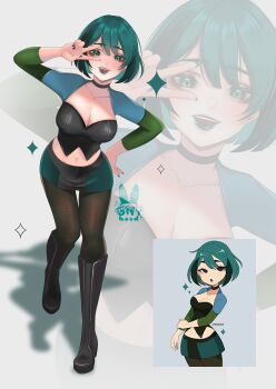 1girl aqua_hair artist_request blush boots breasts cartoon_network full_body goth_fashion green_eyes gwen_(total_drama) hand_on_own_hip highres large_breasts leggings lips navel open_mouth photoshop_(medium) reference short_hair skirt smile total_drama v