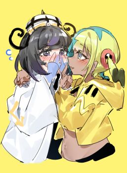 2girls aqua_hair black_dress black_hair blonde_hair blue_gloves blush bob_cut canari_(pokemon) coat commentary covering_own_mouth cropped_jacket dark-skinned_female dark_skin dress fumi_(fyvr2372) gloves gwynn_(pokemon) hat highres jacket long_sleeves looking_at_another midriff multicolored_hair multiple_girls navel nintendo partially_fingerless_gloves pokemon pokemon_legends:_z-a purple_eyes purple_hair short_hair split-color_hair white_coat yellow_background yellow_jacket yuri