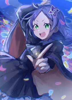 1girl arm_above_head black_dress blue_hair braid braided_ponytail collared_cloak commentary cowboy_shot dress drill_hair dutch_angle field flower flower_field green_eyes hair_flower hair_ornament highres index_finger_raised meili_portroute nesigita_rezero night open_mouth outdoors petals petite re:zero_kara_hajimeru_isekai_seikatsu twin_drills two-tone_cape