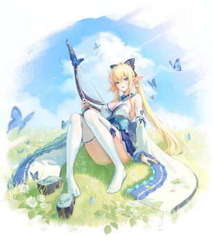 1girl :d arm_support bare_shoulders blonde_hair blue_eyes blue_nails blue_skirt blue_sky blush bow_(weapon) breasts bug butterfly butterfly_hair_ornament cleavage cloud commission commissioner_upload detached_collar detached_sleeves earrings elf full_body furisode_sleeves hair_ornament highres holding holding_bow_(weapon) holding_weapon insect japanese_clothes jewelry kira_(kira78718520) kirika_towa_alma large_breasts long_pointy_ears looking_at_viewer okobo on_grass on_ground open_mouth outdoors platform_sandals pointy_ears ponytail sandals shining_(series) shining_resonance sitting skirt sky smile solo thighhighs weapon white_thighhighs