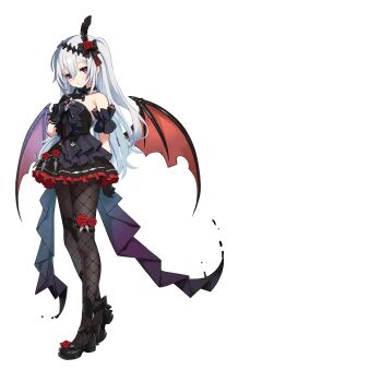 1girl absurdres bat_wings black_bow black_bowtie black_dress bow bowtie commission dress fang feather_hair_ornament feathers fishnets flower full_body hair_bow hair_flower hair_ornament highres itinana looking_at_viewer mare_(ac8231) open_mouth original red_eyes red_flower red_rose rose skeb_commission solo vampire white_hair wings