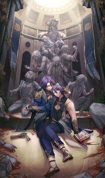 2boys ancient_greek_clothes anklet arch banner black_gloves black_shirt blood blood_on_book blood_on_clothes blood_on_face blood_on_hands blood_splatter blue_jacket blue_pants book cleavage_cutout clothing_cutout collared_shirt commentary covered_abs crying crying_with_eyes_open curtained_hair dr._ratio&#039;s_book_(honkai:_star_rail) dr._ratio_(honkai:_star_rail) dual_persona english_commentary evil_smile fingerless_gloves full_body gloves greco-roman_clothes gun hair_between_eyes hair_ornament hand_on_another&#039;s_head handgun highres himation holding holding_book holding_hands honkai:_star_rail honkai_(series) indoors jacket jewelry leaf_hair_ornament male_focus multiple_boys on_one_knee open_mouth pants parted_lips pillar plant purple_hair red_eyes revolver sandals shell_casing shirt short_hair shoulder_guard single_sleeve sitting skylight sleeve_garter sleeveless sleeveless_shirt smile smirk smoke smoking_barrel statue tears thigh_strap toned toned_male vambraces vayreceane vines weapon wide-eyed