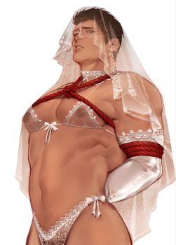 1boy arms_behind_back bara bound bound_arms bra bridal_gauntlets bridal_veil brown_eyes brown_hair choker gloves highres kiryu_kazuma looking_at_viewer male_focus muscular muscular_male nipples panties red_rope ribbon rope ryuu_ga_gotoku_(series) see-through_bra see-through_clothes see-through_panties shibari short_hair simple_background solo sotenborinpc underwear veil white_background white_choker white_gloves white_ribbon