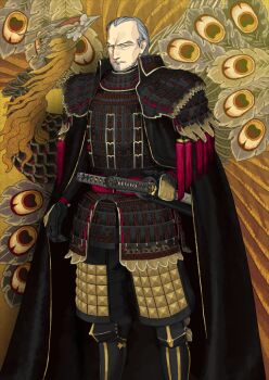 1boy arm_at_side armor armored_gloves beard black_armor black_boots black_cape black_gloves black_pants boots cape cheekbones chinstrap_beard closed_mouth facial_hair fate/grand_order fate_(series) feet_out_of_frame furumi_showichi gloves grey_facial_hair grey_hair hand_on_sheath japanese_armor katana kote kusazuri leg_armor long_sleeves looking_at_viewer male_focus official_art old old_man orange_eyes pants samurai sheath sheathed shoulder_armor sode solo sword tassel third-party_source v-shaped_eyebrows variant_set weapon wing_collar yagyuu_munenori_(fate) yagyuu_munenori_(third_ascension)_(fate) yellow_background