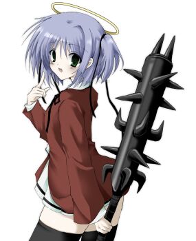 1girl arm_behind_back bokusatsu_tenshi_dokuro-chan club club_(weapon) cowboy_shot from_side green_eyes hair_ribbon halo highres index_finger_raised jacket long_sleeves looking_at_viewer looking_back miniskirt mitsukai_dokuro neck_ribbon open_mouth pleated_skirt purple_hair ribbon school_uniform short_hair skirt smile solo spiked_club takanashi_(takanya_shi) thighhighs two_side_up weapon