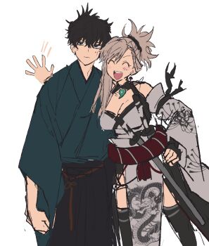 1boy 1girl betti_(xx_betti) black_hakama black_thighhighs blue_kimono breasts cleavage closed_eyes dragon_print fate/samurai_remnant fate_(series) floral_print hakama hand_on_own_hip highres japanese_clothes jewelry katana kimono magatama magatama_necklace miyamoto_iori_(fate) miyamoto_musashi_(fate) miyamoto_musashi_(woman_of_niten_ichiryuu)_(fate) necklace open_mouth pelvic_curtain print_kimono rope rope_belt sheath sheathed simple_background single_sidelock sketch smile sweat sword thighhighs topknot weapon white_background white_kimono