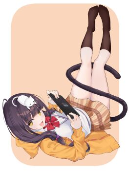 1girl :d absurdres animal animal_ear_hood animal_ears animal_on_head asakura_karen_(heaven_burns_red) black_hair black_socks blunt_bangs blush border bow bowtie brown_skirt cat cat_ears cat_on_head cat_tail chroemaguro eyes_visible_through_hair fake_animal_ears from_above full_body hair_bobbles hair_ornament handheld_game_console hands_up happy heaven_burns_red highres holding holding_handheld_game_console hood hood_down jacket kneehighs legs legs_together long_hair looking_at_viewer low_twintails lying miniskirt no_shoes on_back on_head open_clothes open_jacket open_mouth orange_background orange_jacket outside_border outstretched_legs plaid_clothes plaid_skirt pleated_skirt red_bow red_bowtie shirt simple_background sitting skirt sleeves_past_wrists smile socks solo sweater_vest tail tail_around_own_leg thighs twintails white_border white_cat white_shirt white_sweater_vest yellow_eyes