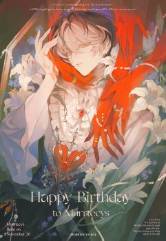 1boy 1other absurdres ascot beads bird_brooch blood blood_on_hands blue_flower borrowed_character brooch brown_eyes brown_hair coffin cowboy_shot crossed_bangs dated earrings eyelashes final_fantasy final_fantasy_xiv flower frilled_shirt frilled_shirt_collar frills gem hair_between_eyes hand_up happy_birthday heart-shaped_gem heterochromia highres hyur jewelry layered_ascot lily_(flower) lips long_sleeves looking_at_viewer lying male_focus multiple_rings murrtecys_ansuz orange_eyes original oxi206 parted_lips pearl_(gemstone) red_gemstone ring scar scar_on_face shirt short_hair sidelocks solo_focus stabbed_heart surrounded_by_hands sword warrior_of_light_(ff14) watermark weapon white_ascot white_flower white_lily white_shirt yellow_eyes