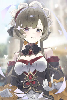 1girl blue_eyes breasts brown_hair closed_mouth collarbone detached_collar detached_sleeves dress ememo gem genshin_impact gloves hair_ornament highres long_hair long_sleeves looking_at_viewer medium_breasts red_gemstone sandrone_(genshin_impact) solo strapless strapless_dress upper_body white_dress white_gloves