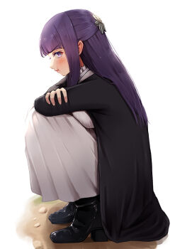 1girl absurdres black_boots black_robe blunt_bangs blush boots breasts commentary dress fern_(sousou_no_frieren) from_side full_body hair_ornament high_heel_boots high_heels highres kaneko_ryou large_breasts long_dress long_hair long_sleeves looking_at_viewer on_ground pout profile purple_hair robe simple_background solo sousou_no_frieren squatting straight_hair white_background white_dress