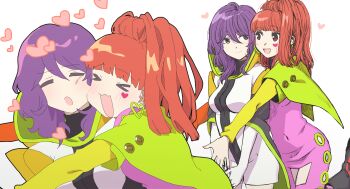 2girls absurdres closed_mouth gina_(gnosia) gloves gnosia hair_between_eyes heterochromia highres hood hoodie hug long_hair long_sleeves looking_at_viewer multiple_girls purple_hair sabiiiii simple_background smile sq_(gnosia) upper_body wavy_hair