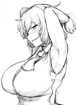 1girl armpits arms_up ascot blush breasts collared_shirt commentary_request from_side greyscale kazami_yuuka large_breasts looking_at_viewer looking_to_the_side monochrome open_mouth sadahiro_(chicken_nugget_gyuuniku_aji) shirt short_hair simple_background sketch sleeveless sleeveless_shirt smile solo touhou upper_body