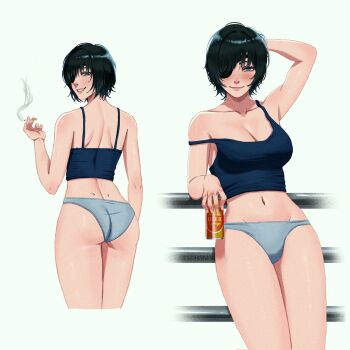1girl arm_up ass beer_can black_hair blue_camisole blue_eyes breasts camisole can chainsaw_man cigarette cleavage closed_mouth dimples_of_venus drink_can eyepatch grey_panties highres himeno_(chainsaw_man) holding holding_can holding_cigarette large_breasts looking_at_viewer multiple_views navel panties ranbutan short_hair smoke underwear