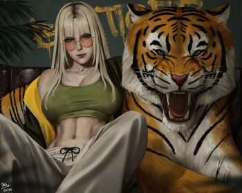 1girl absurdres breasts cleavage highres koganei_niko large_breasts navel steb sunglasses tagme tiger