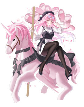 1girl absurdres aemeath_(wuthering_waves) alternate_costume alternate_hairstyle balloon black_hat black_pantyhose black_shoes blush breasts commentary_request dress eyewear_on_head hand_up hat heart heart-shaped_eyewear heart_balloon high_heels highres kirat_kr korean_commentary large_breasts long_hair looking_at_viewer orange_eyes pantyhose parted_lips pink_hair shoes smile solo sunglasses w white_dress wuthering_waves
