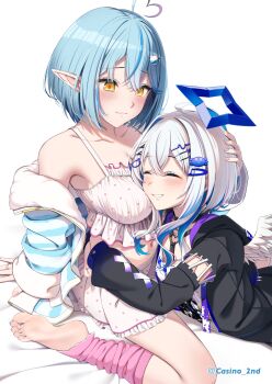 2girls amane_kanata amane_kanata_(cutesy_punk) barefoot black_jacket blue_hair blush breasts casino_(casinoep) cleavage closed_eyes closed_mouth commentary_request feet frilled_shirt frilled_shorts frills halo hand_on_another's_head highres hololive hug jacket jewelry large_breasts leg_warmers long_hair medium_hair multicolored_hair multiple_girls open_clothes open_jacket ring shirt shorts simple_background sitting soles star_halo streaked_hair striped_clothes striped_jacket toes virtual_youtuber wariza white_background white_hair white_shirt white_shorts wings yellow_eyes yukihana_lamy yukihana_lamy_(roomwear)