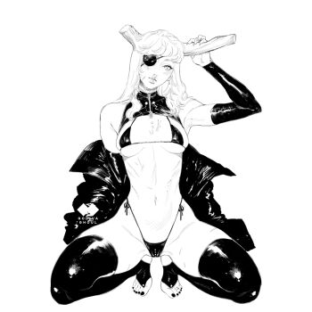 1girl arm_up armpit_crease armpits artist_logo artist_name asymmetrical_horns bare_shoulders barefoot bikini black_bikini breastless_clothes breasts breasts_apart bridal_legwear broken_horns cameltoe closed_mouth covered_collarbone detached_sleeves earrings eyeliner eyepatch feet fingernails full_body godiva_ghoul greyscale groin hair_over_shoulder hand_on_own_horn head_tilt highleg highleg_bikini horns jacket jewelry legs_folded lips logo long_hair looking_at_viewer makeup medium_breasts micro_bikini monochrome nail_polish navel off-shoulder_jacket off_shoulder original parted_lips ribs scar self-harm_scar sharp_fingernails shiny_clothes side-tie_bikini_bottom simple_background skindentation solo spread_legs squatting stirrup_legwear stomach string_bikini swept_bangs swimsuit thighhighs toe_ring toeless_legwear toenail_polish toenails toes turtleneck white_background zipper