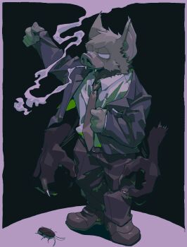 1boy animal_ears bat_boy bat_ears black_pants black_suit brown_shoes bug cigarette claws cockroach commentary dispatch english_commentary fangs formal_clothes highres insect male_focus necktie pants red_necktie shirt shoes smoke smoking sonar_(dispatch) suit vetiver white_shirt