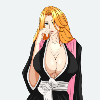 1girl 2023 bleach breasts chain chain_necklace cleavage corpa huge_breasts japanese_clothes jewelry long_hair matsumoto_rangiku necklace pink_shawl robe shawl shihakusho solo wide_sleeves