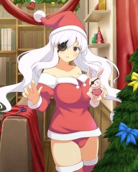 1girl armpit_crease bare_shoulders blue_bow blush bookshelf boots bow breasts christmas christmas_ornaments christmas_tree cleavage collarbone curtains dress eyepatch fur-trimmed_boots fur-trimmed_dress fur-trimmed_headwear fur-trimmed_thighhighs fur_trim garland_(decoration) gift hair_down happy_birthday hat heart holding holding_stuffed_toy indoors large_breasts long_hair looking_at_viewer non-web_source official_art open_mouth panties party_hat red_boots red_dress red_eyes red_hat red_panties red_thighhighs santa_costume santa_dress santa_hat scissors senran_kagura senran_kagura_new_link senran_kagura_shoujo-tachi_no_shin&#039;ei shelf solo standing stuffed_animal stuffed_rabbit stuffed_toy thighhighs twintails underwear white_hair wooden_floor yaegashi_nan yagyu_(senran_kagura) yellow_bow