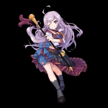 1girl ahoge bare_shoulders black_background black_choker black_shoes blue_bow bow breasts breasts_squeezed_together choker closed_mouth collarbone crop_top cropped_jacket full_body grey_socks hair_between_eyes high_heels highres holding holding_rod large_breasts long_hair long_sleeves luminaria_(merc_storia) merc_storia merc_storia_art_team official_art one_eye_closed purple_eyes purple_hair rod self_hug shoes simple_background skirt smile socks solo standing tachi-e v-shaped_eyebrows