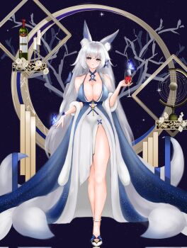 1girl alcohol animal_ear_fluff animal_ears azur_lane bare_shoulders blue_butterfly blue_collar blue_dress blue_eyes breasts bug butterfly cleavage collar commentary cup cupping_glass dress drinking_glass evening_gown feather_boa fox_ears fox_girl halter_dress halterneck highres huge_breasts insect kitsune kyuubi long_hair looking_at_viewer multiple_tails official_alternate_costume pakaono red_wine shinano_(azur_lane) shinano_(dreams_of_the_hazy_moon)_(azur_lane) sleeveless sleeveless_dress solo tail very_long_hair white_tail wine wine_glass wrist_flower