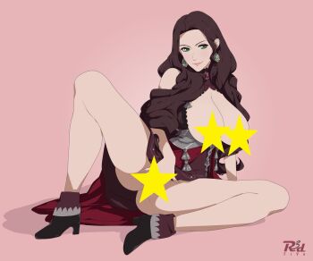 1girl artist_name breasts brown_hair censored dorothea_arnault dorothea_arnault_(timeskip) earrings fire_emblem fire_emblem:_three_houses green_eyes jewelry large_breasts long_hair nintendo pink_background r3dfive simple_background