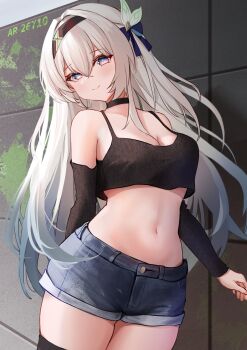 1girl absurdres arm_behind_back bare_shoulders black_camisole black_choker black_hairband black_sleeves black_thighhighs blue_bow blue_shorts bow breasts camisole choker cleavage closed_mouth cowboy_shot crop_top crossed_bangs denim denim_shorts detached_sleeves firefly_(honkai:_star_rail) gradient_hair hair_between_eyes hair_bow hair_intakes hair_ornament hairband head_tilt highres honkai:_star_rail honkai_(series) light_blush long_hair looking_at_viewer medium_breasts midriff multicolored_eyes multicolored_hair navel short_shorts shorts smile solo thighhighs tile_wall tiles turning_head very_long_hair white_hair yuuca