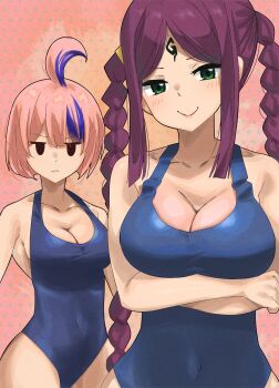 2girls braid breasts cleavage collarbone colorized dead_rock freyr_(dead_rock) gaston18 green_eyes large_breasts mashima_hiro mikoto_(dead_rock) multiple_girls one-piece_swimsuit pink_hair purple_hair swimsuit twin_braids